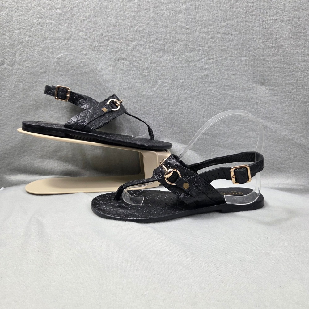 Gucci Horsebit Thong Sandals Womens 38 Black Excellent Guccissima Leather Flat